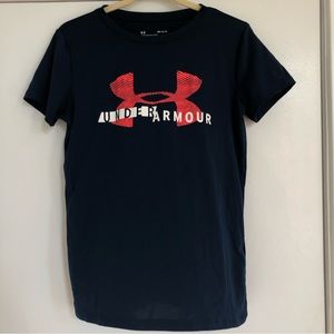Under Armour navy blue athletic t-shirt neon orange pink logo women’s medium